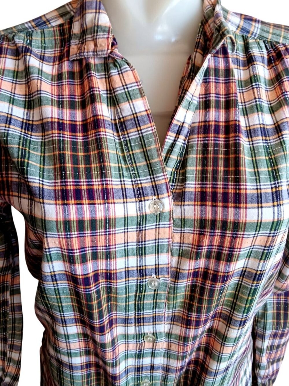 True Vintage Top Medium 1970s Boho Plaid Womens by Tom Boy Green Collared  Thin